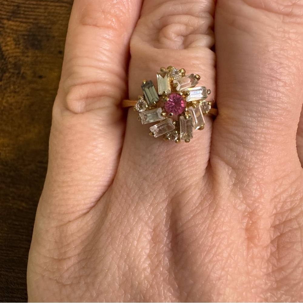 Pink Stone Ballerina Ring Crystal Baguette Cluster Fireworks Gold Plated Vintage - Picture 10 of 14